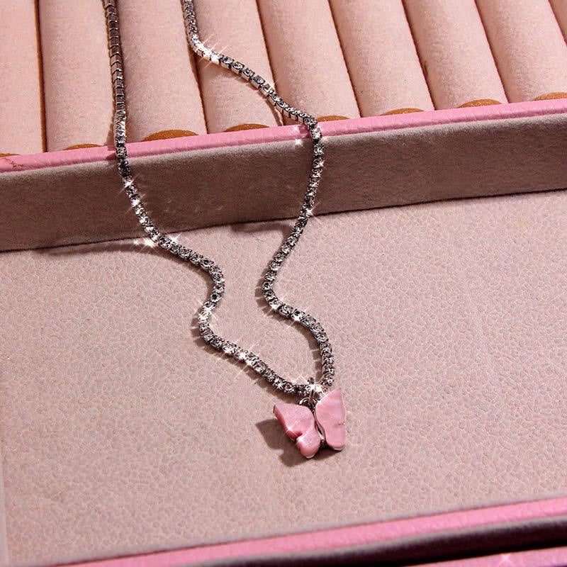 Pink Rhinestone Butterfly Necklace