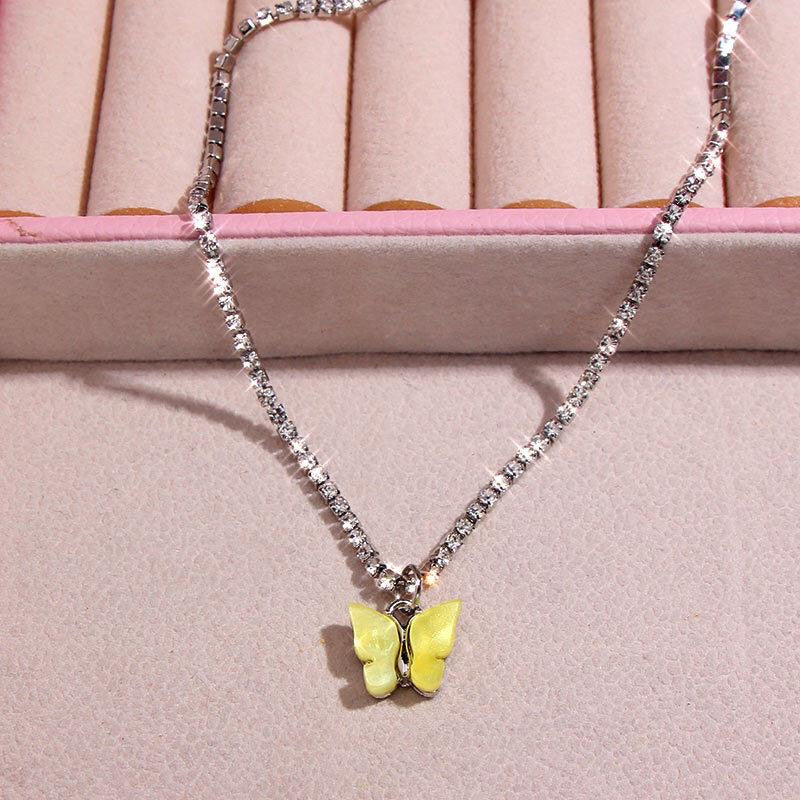 Yellow Rhinestone Butterfly Necklace